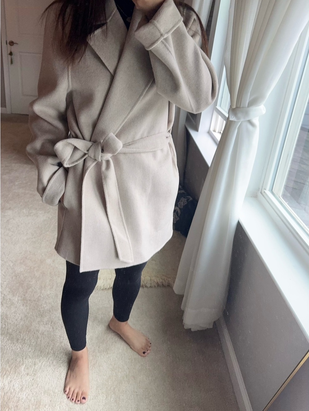 Womens Tie-Waist Wool-Blend Coat Jacket - Beige